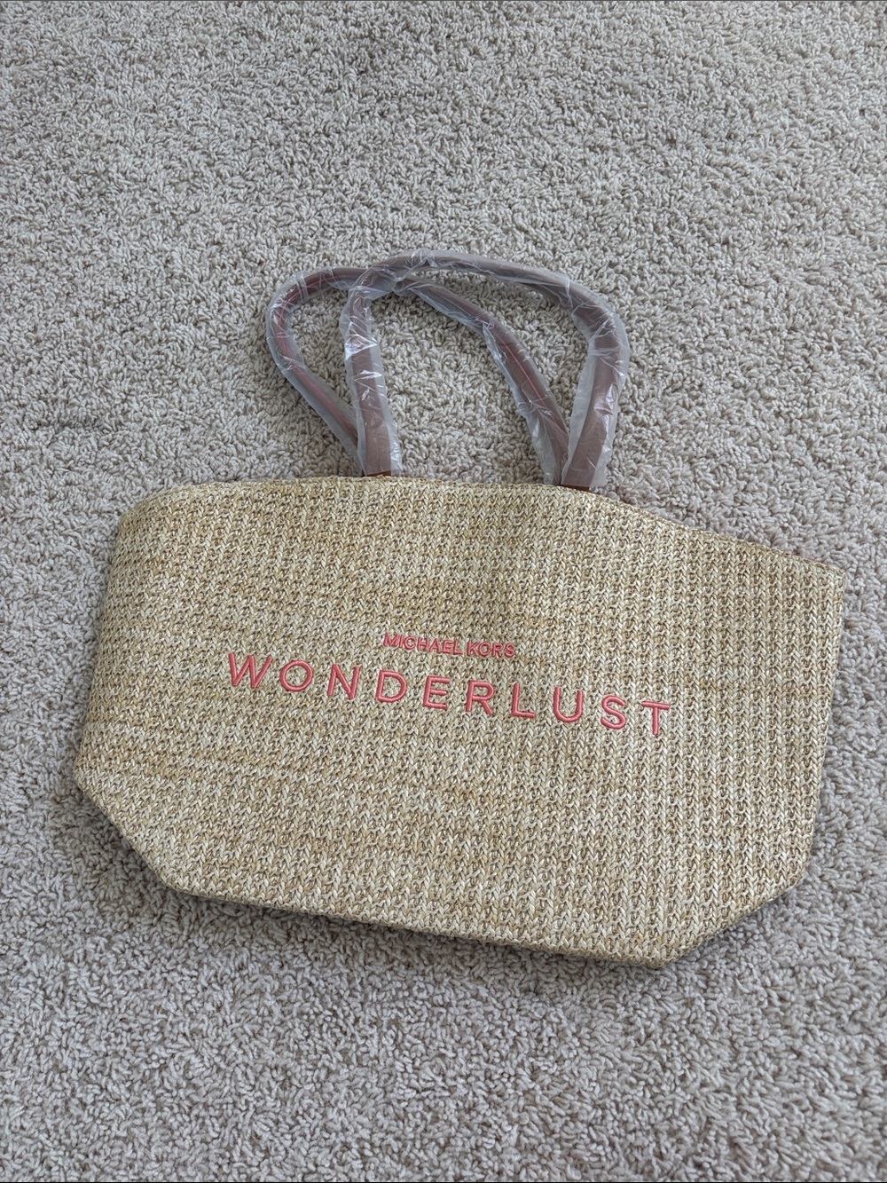 Michael Kors Straw Wonderlust Tote in Natural with Pink Logo